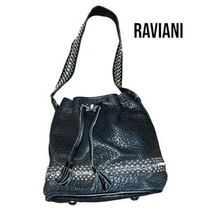 Raviani black leather with  rhinestones bucket shoulder bag